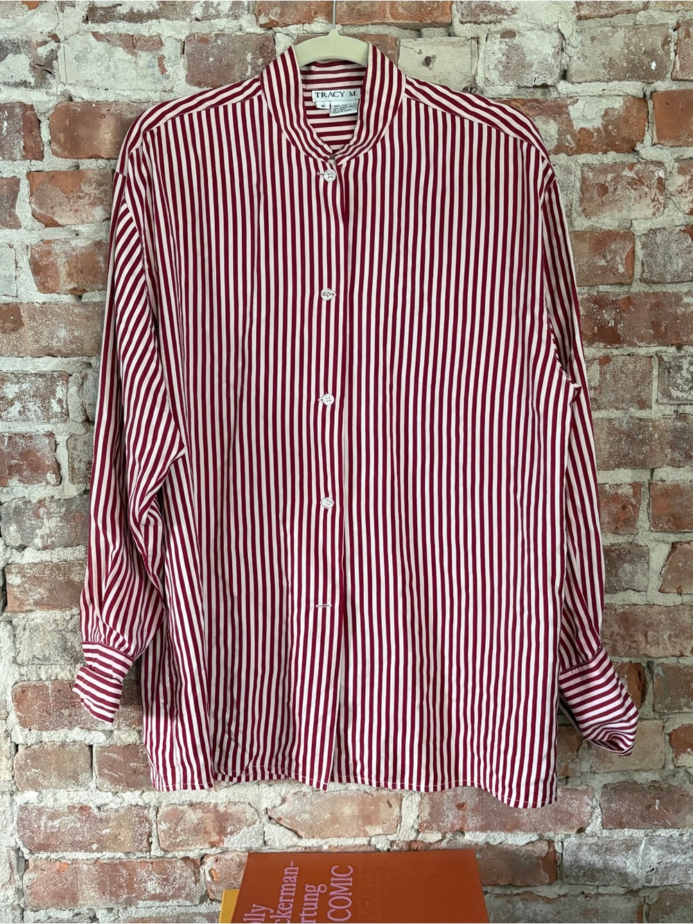 Tracy M 100% Silk Red and White Vertical Stripe Band-Collar Button-Down Shirt